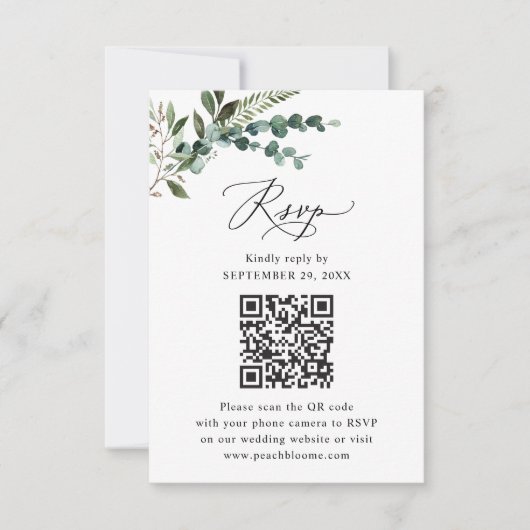 Rustic Sage QR Code Greenery Wedding RSVP Kaartje (Voorkant)