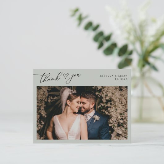 Rustic Sage Script Heart Weddenfoto Hartelijk dank Briefkaart (Staand voorkant)