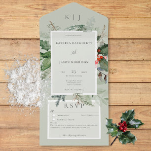 Rustic Sage Winter Holly & Pine Details All In One Uitnodiging