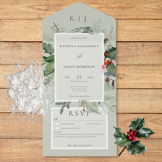 Rustic Sage Winter Holly & Pine Details All In One Uitnodiging