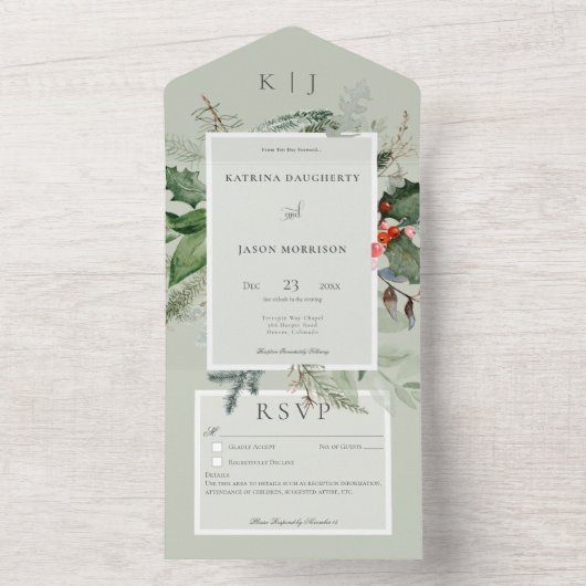 Rustic Sage Winter Holly & Pine Details All In One Uitnodiging (Binnen)