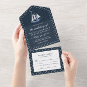 Rustic Sailboot Nautical Navy Blue Wedding All In One Uitnodiging (Afscheurbaar)