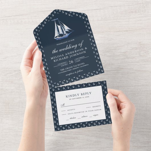 Rustic Sailboot Nautical Navy Blue Wedding All In One Uitnodiging (Afscheurbaar)