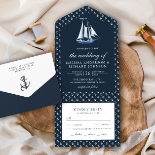 Rustic Sailboot Nautical Navy Blue Wedding All In One Uitnodiging