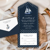 Rustic Sailboot Nautical Navy Blue Wedding All In One Uitnodiging