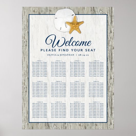 Rustic Sand Dollar Starfish Wedding Seating Chart Poster (Voorkant)