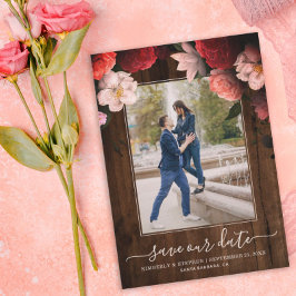 Rustic Save our Date Coral Burgundy Floral Photo Save The Date