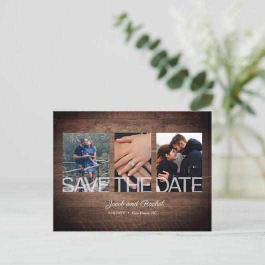 Rustic Save the Date 3-Photo Collage Wedding Briefkaart (Staand voorkant)