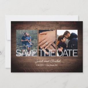 Rustic Save the Date 3-Photo Collage Wood Wedding