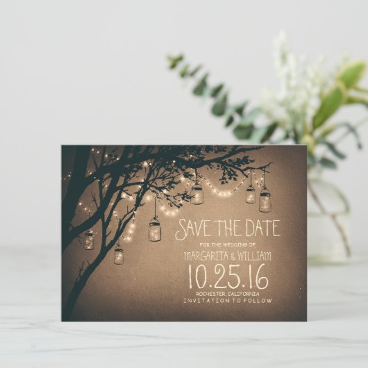 Rustic Save the Date & Fireflies Mason Jars (Staand voorkant)