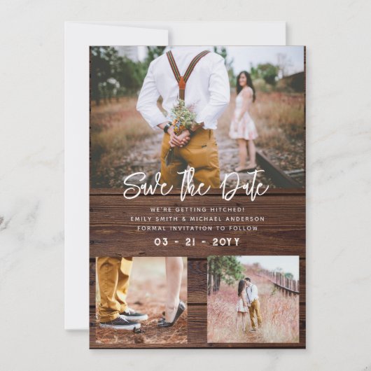 RUSTIC Save the Date Huwelijk FOTOCOLLAGE - Hout Kaart (Voorkant)