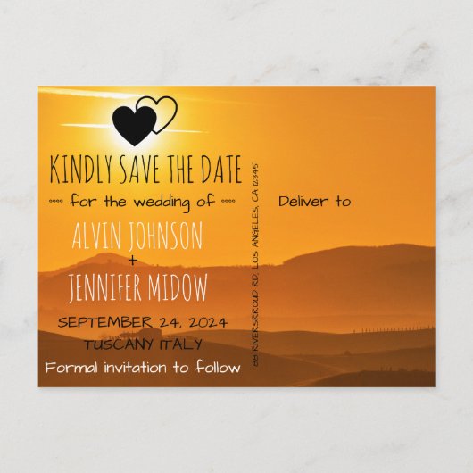 Rustic Save the Date Sunset Tocany Italy Aankondigingskaart (Achterkant)
