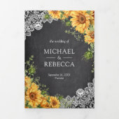 Rustic Schoolbord Kantwerk Zonnebloemen QR Code Tr Drieluik Uitnodiging (Cover)