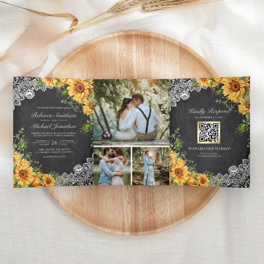 Rustic Schoolbord Kantwerk Zonnebloemen QR Code Tr Drieluik Uitnodiging