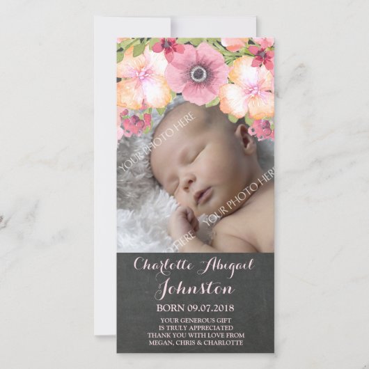 Rustic Schoolbord Roze Bloemen Bedankt Bruisfeest (Voorkant)