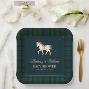 Rustic Schotse Ruit Paard Baby Shower Papieren Bordje