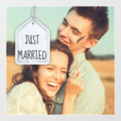 Rustic Scrapbook Just Married Photo Wedding Square Raamsticker (Vel)