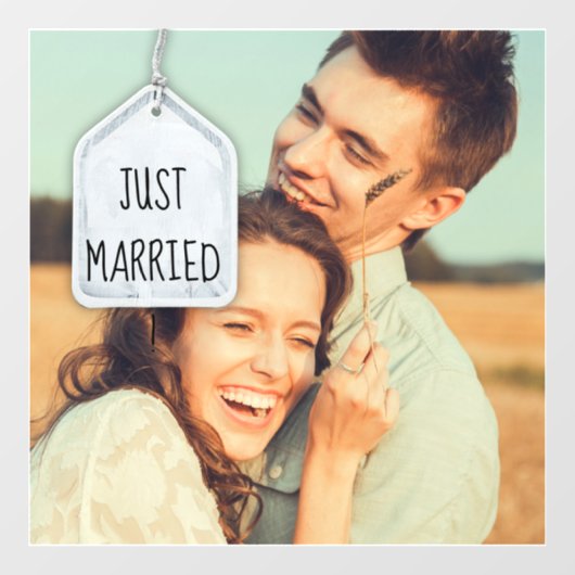 Rustic Scrapbook Just Married Photo Wedding Square Raamsticker (Vel)