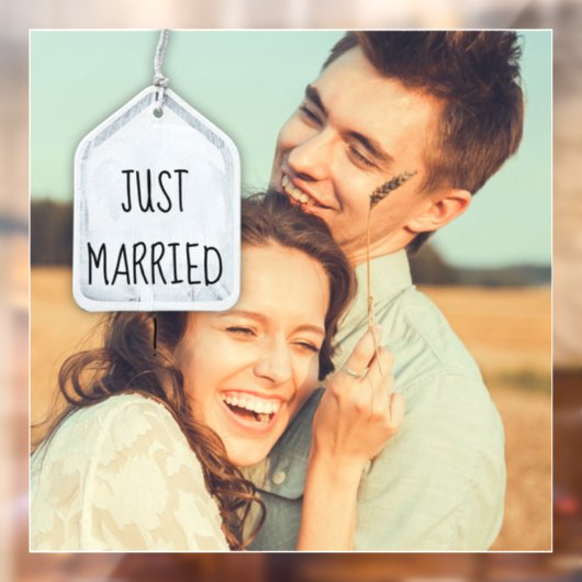 Rustic Scrapbook Just Married Photo Wedding Square Raamsticker (Vel 2)