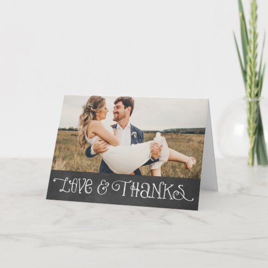 Rustic Script Black Chalkboard Weddenfoto Bedankkaart (Voorkant)