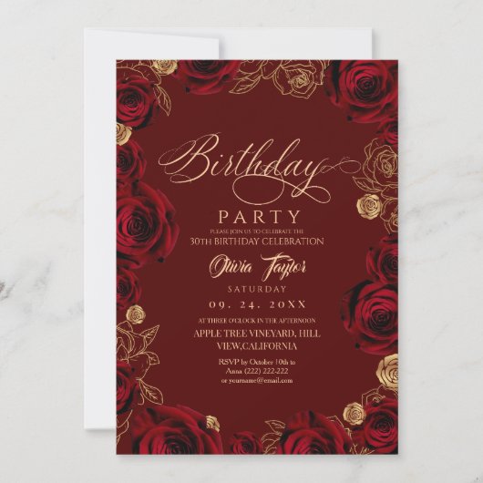 Rustic Script Burgundy Rose Birthday Kaart (Voorkant)