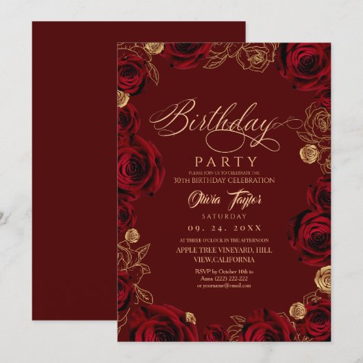 Rustic Script Burgundy Rose Birthday Kaart (Voorkant / Achterkant)