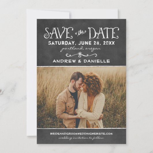 Rustic Script Chalkboard Weddenfoto Black Save The Date (Voorkant)