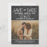 Rustic Script Chalkboard Weddenfoto Black Save The Date<br><div class="desc">De grillige en unieke foto bewaar de data met een blackboard achtergrond en handgeschreven lettertypen met een wit krijt uiterlijk. Personaliseer met de trouwdetails en een favoriete verloving foto.</div>