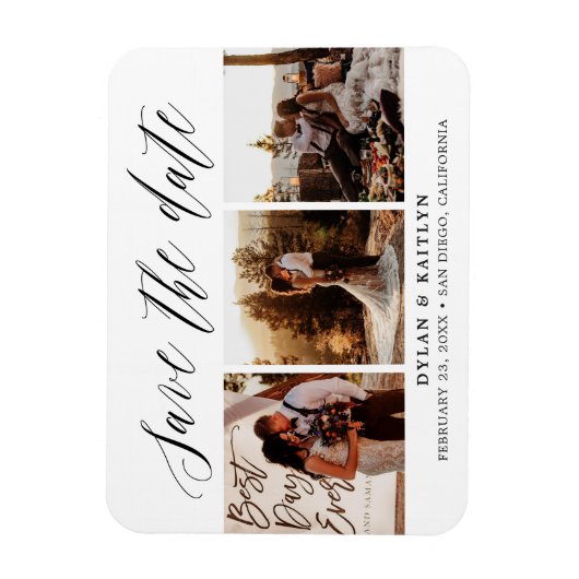 Rustic Script Drie Foto's Save the Date Magneet (Verticaal)