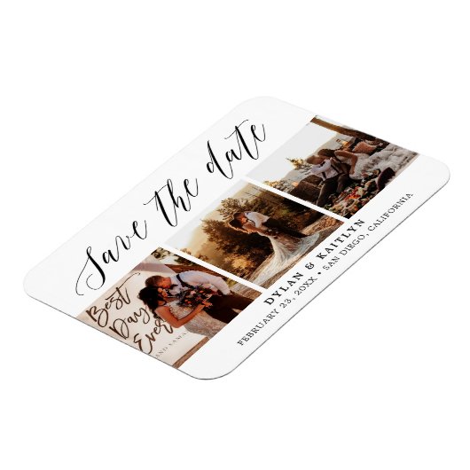 Rustic Script Drie Foto's Save the Date Magneet (Linkerzijde)