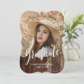 Rustic Script Gold Bokeh Photo Afstuderen Kaart (Staand voorkant)