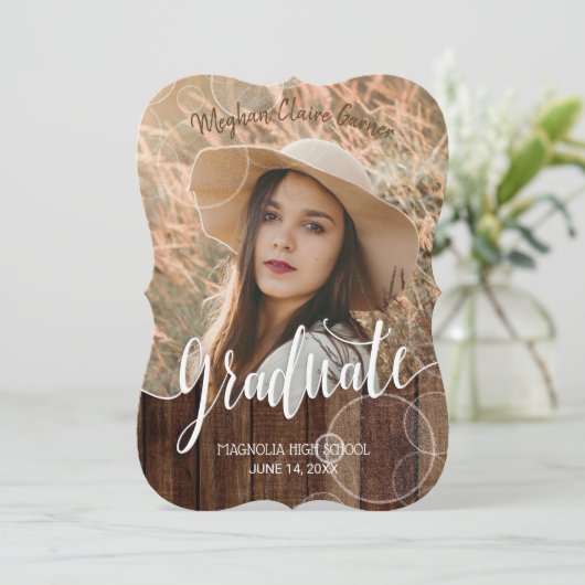 Rustic Script Gold Bokeh Photo Afstuderen Kaart (Staand voorkant)