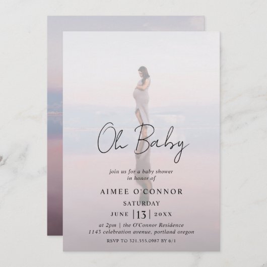 Rustic Script Modern Photo Oh Baby shower Kaart (Voorkant / Achterkant)