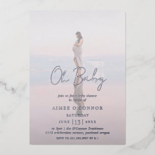 Rustic Script Modern Photo Oh Baby shower Silver Folie Uitnodiging