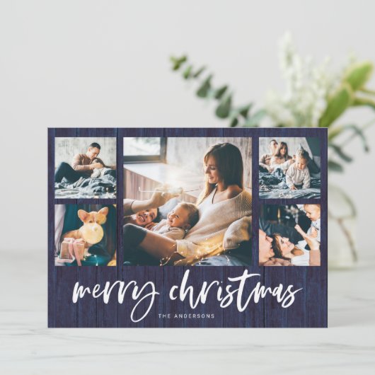 Rustic Script Multi Foto Raster | Prettig Kerstfee Feestdagenkaart (Staand voorkant)