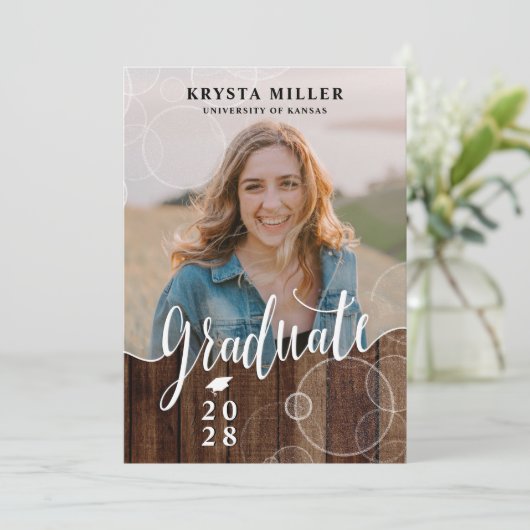 Rustic Script Photo Graduation Party Kaart (Staand voorkant)