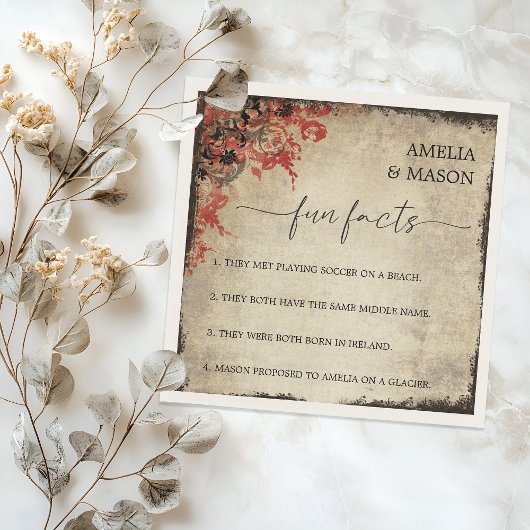 Rustic Script Red Floral Fun Facts Wedding  Servet