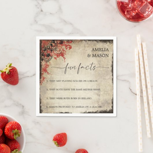 Rustic Script Red Floral Fun Facts Wedding  Servet (Insitu)