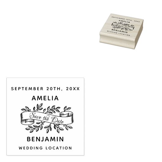 Rustic Script Ribbon Save the Date Wedding Rubberstempel (Gestempeld)