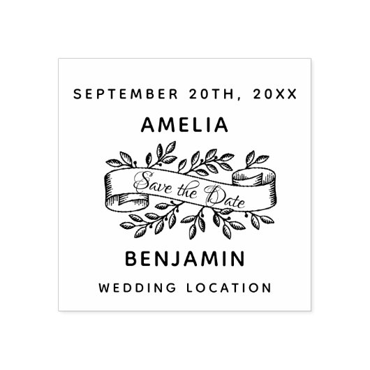Rustic Script Ribbon Save the Date Wedding Rubberstempel (Afrduk)