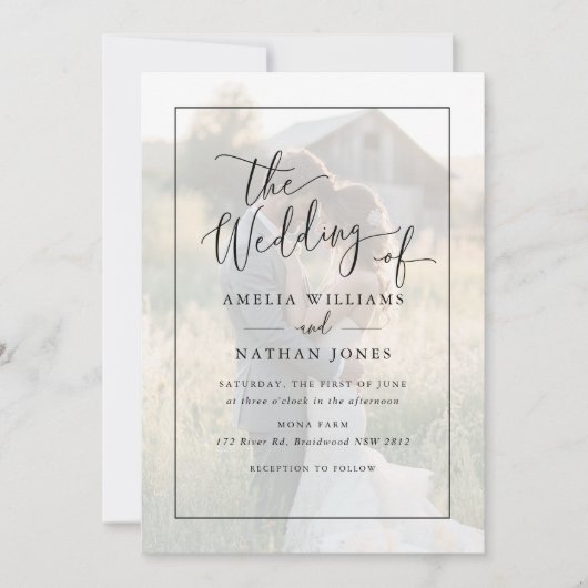 Rustic Script Wit Zwart Foto Bruiloft Kaart (Voorkant)