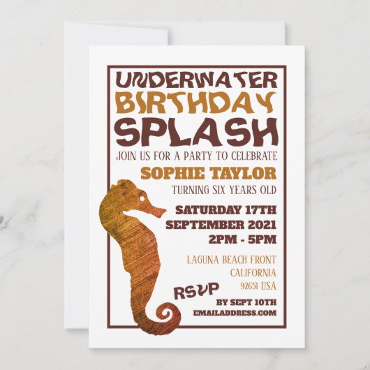 Rustic Seahorse, Aquatic Birthday Party Kaart (Voorkant)