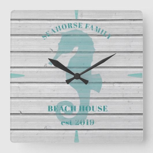 Rustic Seahorse Family Beach House Wall Clock Vierkante Klok (Voorkant)