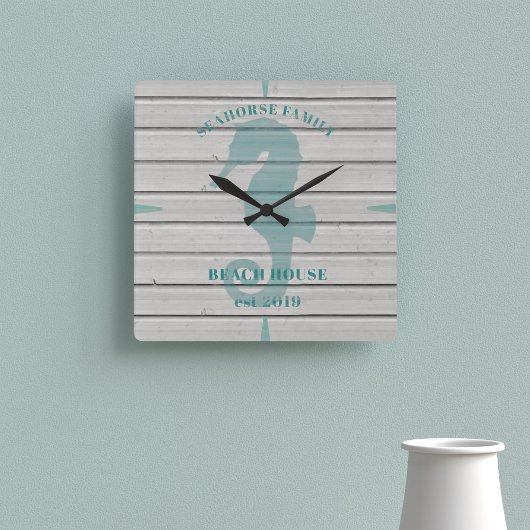Rustic Seahorse Family Beach House Wall Clock Vierkante Klok