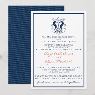 Rustic Seahorse Wedding Invitation- Navy and Coral Kaart