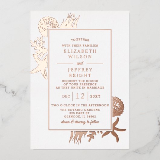 Rustic Seashells Marine Ocean Beach Wedding Folie Uitnodiging (Voorkant)