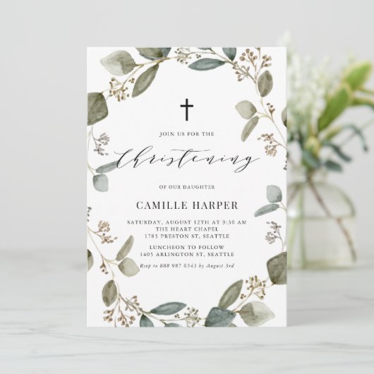 Rustic Seed Eucalyptus Wreath Christening Kaart (Staand voorkant)