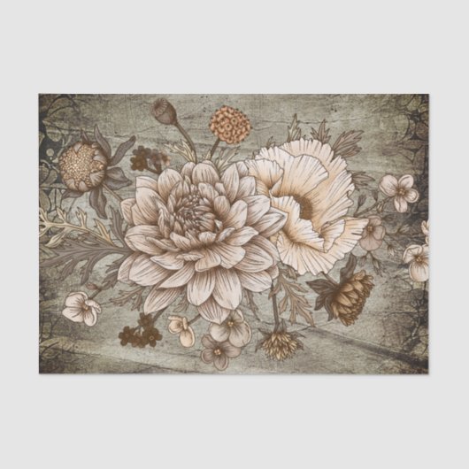 Rustic Sepia Chrynsanthimum Floral Decoupage Tissuepapier (Voorkant)