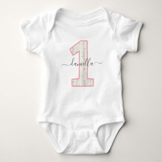 Rustic Shabby Chic Pink Floral Wood 1 Eén verjaard Romper (Voorkant)
