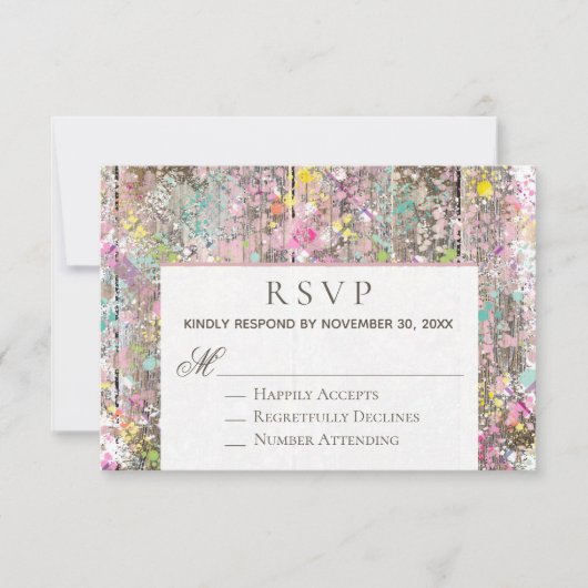 *~* Rustic - Shabby Rainbow Distress Wood RSVP Kaartje (Voorkant)